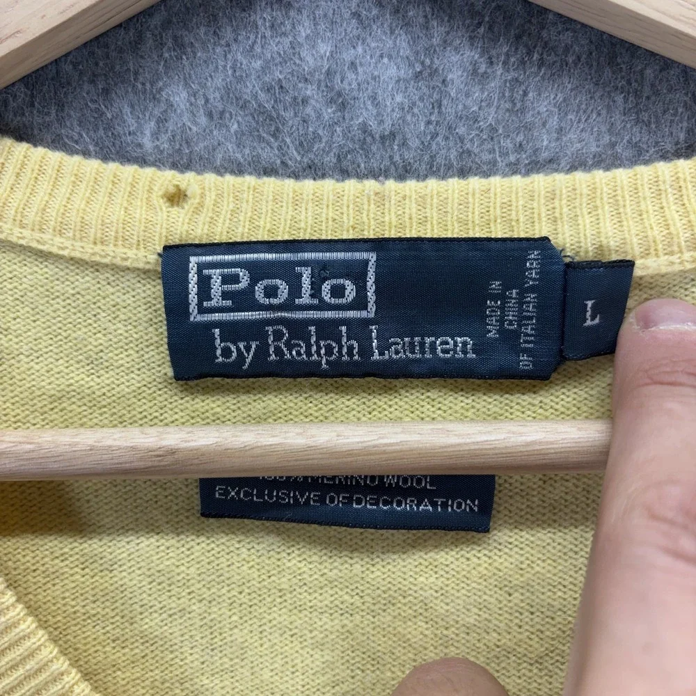 Vintage Polo Ralph Lauren 100% Merino Wool V Neck Sweater Butter Yellow Preppy